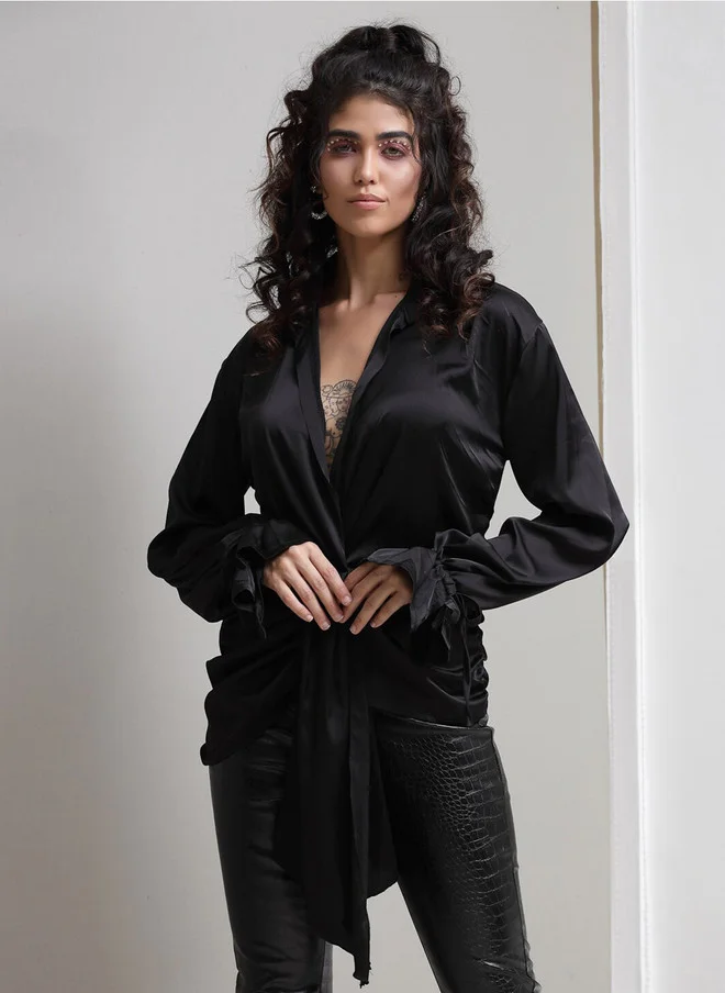 PRIZO PRIZO Satin V-Neck Top with Long Sleeves